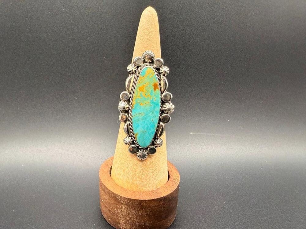 Navajo Turquoise Statement Ring Running Bear Sterling Silver Size 9
